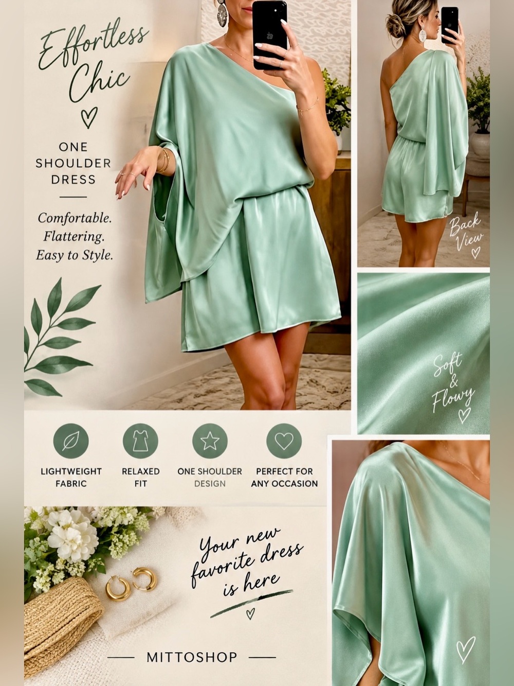 One-Shoulder Satin Mini Dress in Sage Green
